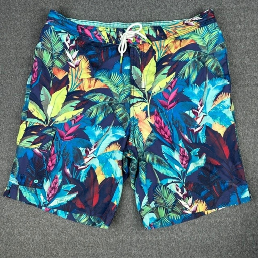 Tommy Bahama Mens Tropical Floral 8" Swim Trunks Blue Palm Cargo Pocket Large